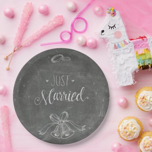 Nur heiraten Chalkboard Hochzeitsringe und Glocken Pappteller (Party)