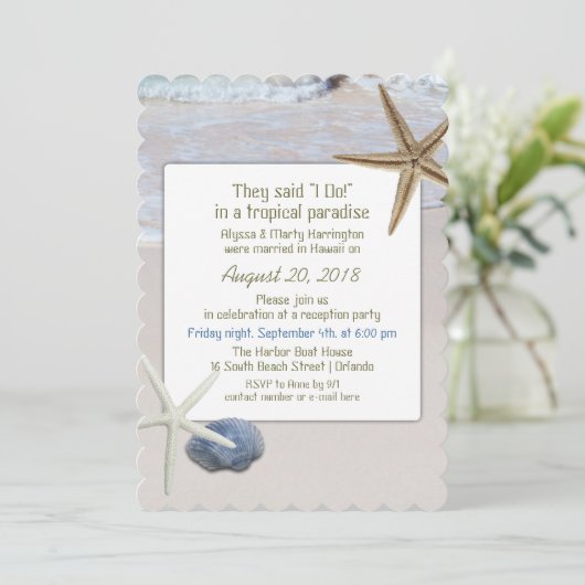 Nur Hochzeitsempfang am Ocean Beach Starfish Einladung (Stehend Vorderseite)