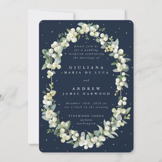 Nur Hochzeitsempfang bei Navy Snowberry+Eucalyptus Einladung (Vorderseite)