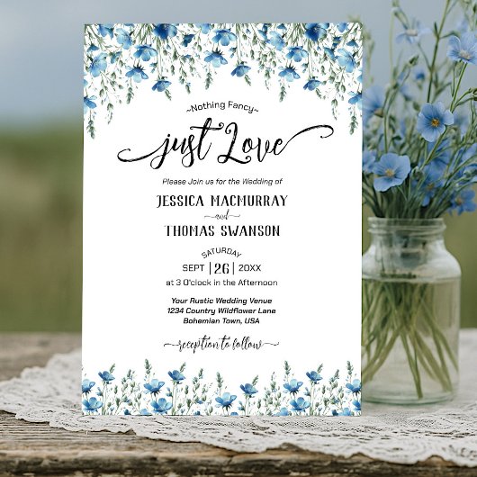 Nur Liebe! Blue Boho Chic Wildblumen Hochzeit Einladung