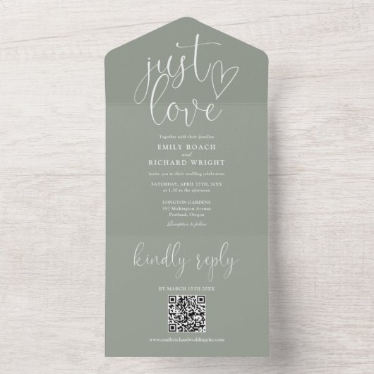 Nur Liebe Moderne QR-Code Sage Green Wedding All In One Einladung (Innen Boden)