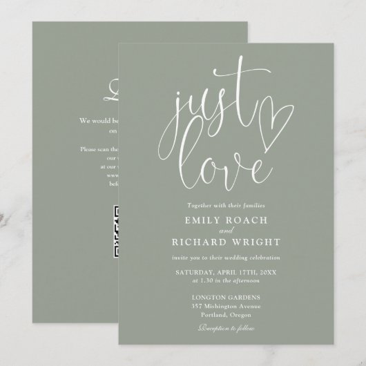 Nur Liebe Moderne QR-Code Sage Green Wedding Einladung (Vorne/Hinten)