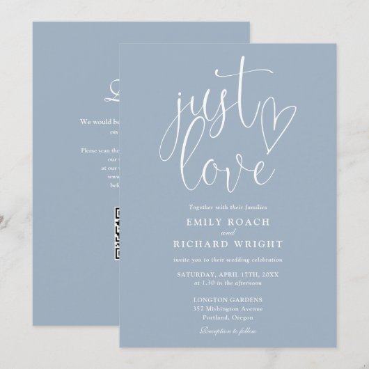 Nur Liebe Moderner QR Code Dusty Blue Wedding Einladung (Vorne/Hinten)