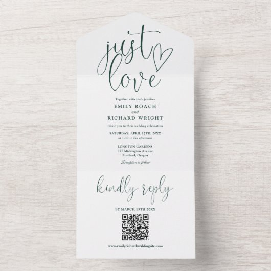 Nur Liebe Moderner QR-Code Smaragdgrüne Hochzeit All In One Einladung (Innen Boden)