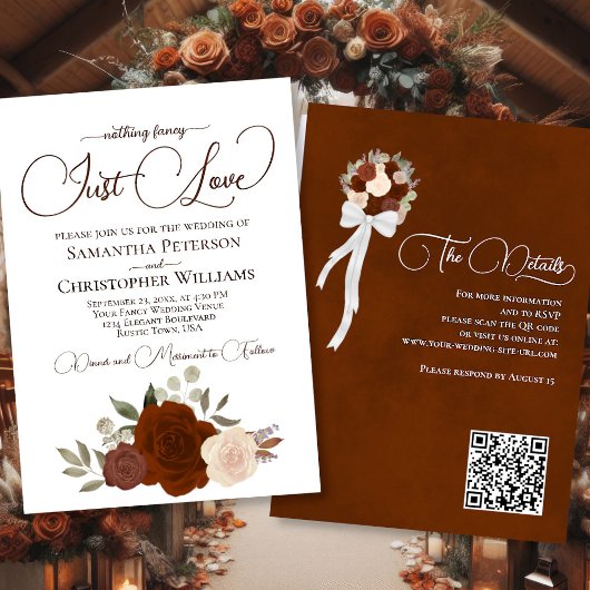 Nur Liebe Rust Orange Boho Floral QR Code Hochzeit Einladung
