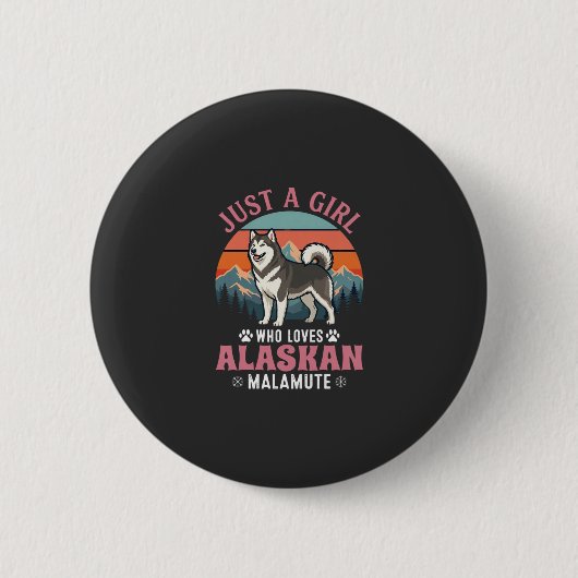 Nur Mädchen Alaskan Malamute Hund Retro Sonnenunte Button (Vorderseite)