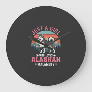 Nur Mädchen Alaskan Malamute Hund Retro Sonnenunte Große Wanduhr