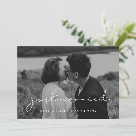 Nur Minimalistischen handgeschriebene Foto verheir Ankündigung (Stehend Vorderseite)