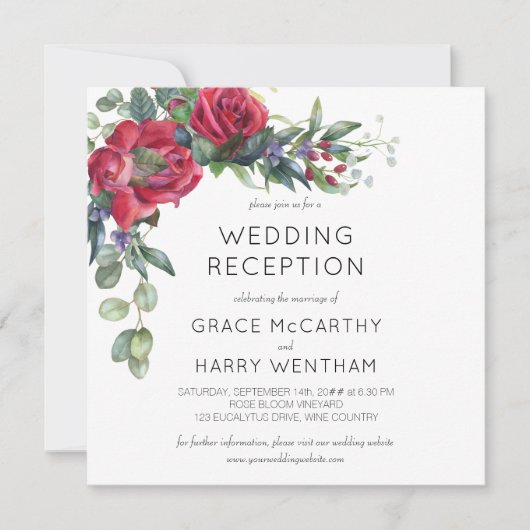 Nur rote Rose und Eukalyptus-Hochzeitsempfang Einladung (Vorderseite)