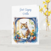 Nur Sprichwort Hallo | Katze im Fenster mit Blume Karte (Gelbe Blume)