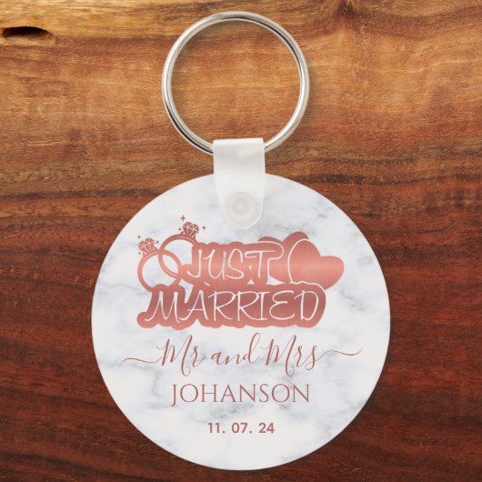 Nur verheiratet Mr. und Mrs. Rose Gold Weißmarmor Schlüsselanhänger (Vorderseite)