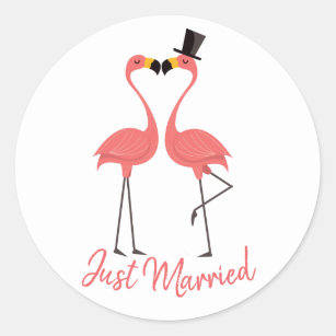 Nur verheiratet rosa Flamingo Tropical Beach Hochz Runder Aufkleber