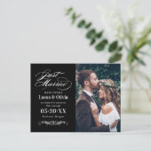 Nur verheiratet Schwarz-Weiß-Elegantes Hochzeitsfe Ankündigungspostkarte (Stehend Vorderseite)