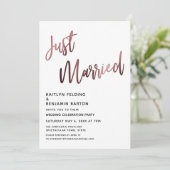 Nur verheiratete Rose Gold Hochzeit Empfang Einladung (Stehend Vorderseite)