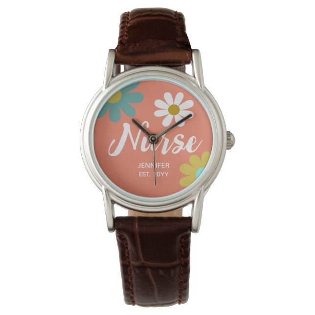 Nurate Graduate Boho Retro Floral Personalisiert Armbanduhr (Vorderseite)