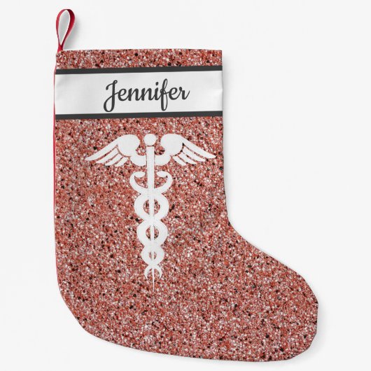 Nurcal Medical Caduceus Rose Gold Glitzer Kleiner Weihnachtsstrumpf (Vorderseite)