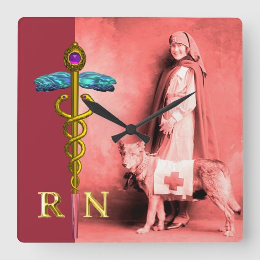 NURG- UND RÜCKWÜRDIGUNGSHUND/Gold Caduceus RN-Embl Quadratische Wanduhr (Vorderseite)