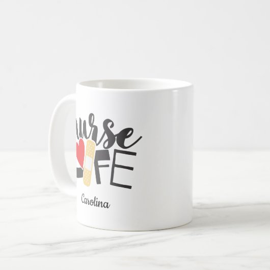 Nurlife Bandage Herz Pflege Schule Name Kaffeetasse (Vorderseite Links)
