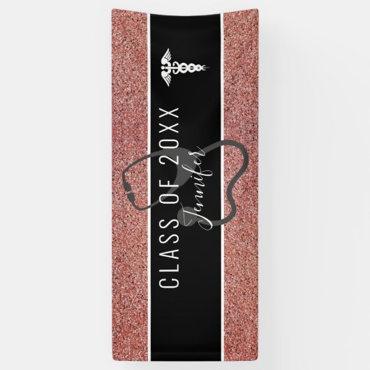 Nurse Abschluss Caduceus Rose Gold Glitzer Banner (Vertikal)