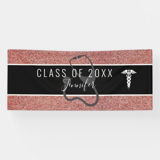 Nurse Abschluss Caduceus Rose Gold Glitzer Banner (Horizontal)