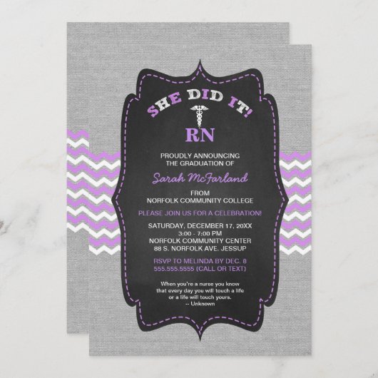 Nurse Abschluss lädt ein, Lavendel graue Tafel Einladung (Vorne/Hinten)
