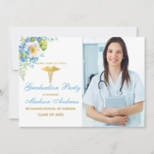 Nurse Blue Floral Gold Grad Party Einladung