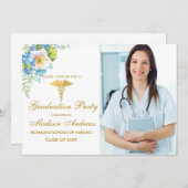 Nurse Blue Floral Grad Party Einladung Gold (Vorne/Hinten)
