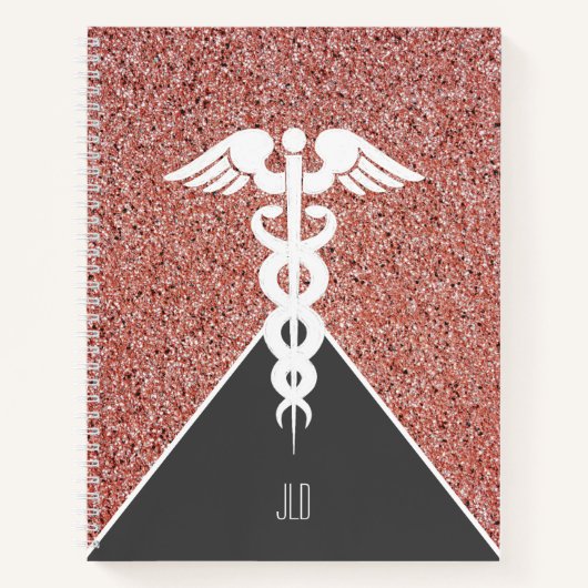 Nurse Caduceus Rose Gold Glitzer Mit Monogramm Notizblock (Vorderseite)