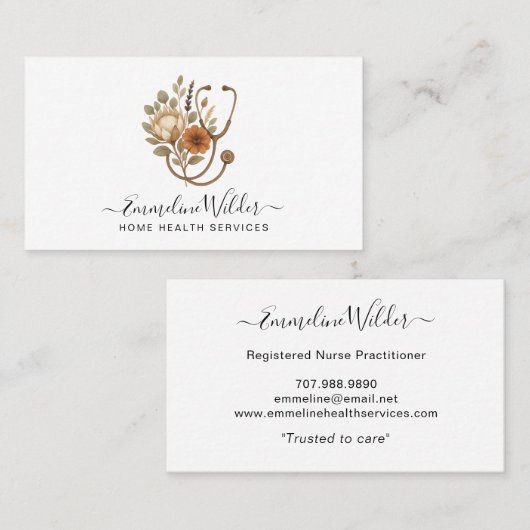 Nurse Caregiver Floral Stethoscope Business Card Visitenkarte (Vorne/Hinten)
