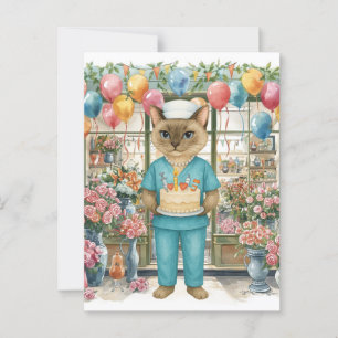 Nurse Cat Geburtstagskuchen Blumen und Ballons Postkarte