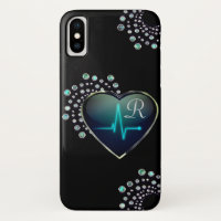 Nurse EKG line Herz und Juwel schwarz blau silber