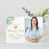 Nurse Gold Blue Floral Grad Party Einladung (Stehend Vorderseite)