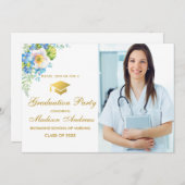 Nurse Gold Blue Floral Grad Party Einladung (Vorne/Hinten)