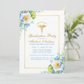 Nurse Gold Blue Floral Grad Party Einladung BG (Stehend Vorderseite)