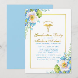 Nurse Gold Blue Floral Grad Party Einladung BG