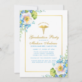 Nurse Gold Blue Floral Grad Party Einladung G