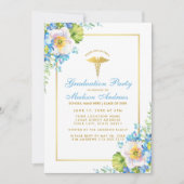 Nurse Gold Blue Floral Grad Party Einladung S (Vorderseite)