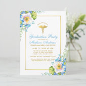 Nurse Gold Blue Floral Grad Party Einladung S (Stehend Vorderseite)