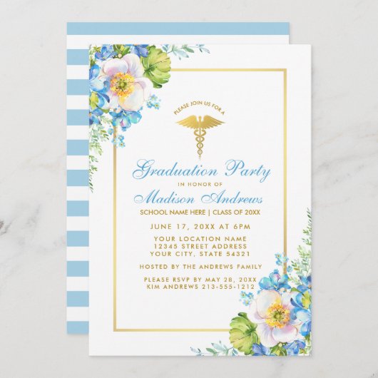 Nurse Gold Blue Floral Grad Party Einladung S (Vorne/Hinten)