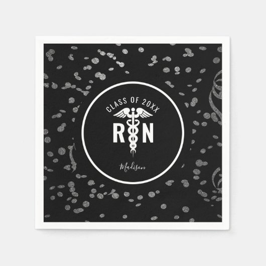 Nurse Graduate Party Black Silver Personalisiert Serviette (Vorderseite)