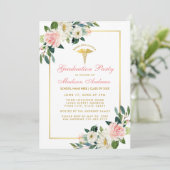 Nurse Graduation Party Rosa Floral Gold Einladung (Stehend Vorderseite)