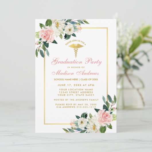 Nurse Graduation Party Rosa Floral Gold Einladung (Stehend Vorderseite)