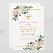 Nurse Graduation Party Rosa Floral Gold Einladung (Vorne/Hinten)