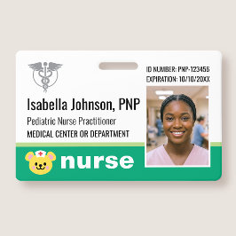 Nurse ID Badge Photo Logo Bear Green Pediatric Ausweis