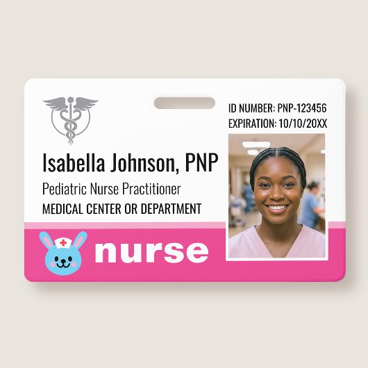 Nurse ID Badge Photo Logo Rabbit Pink Pediatric Ausweis
