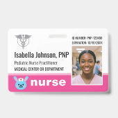 Nurse ID Badge Photo Logo Rabbit Pink Pediatric Ausweis (Vorderseite)