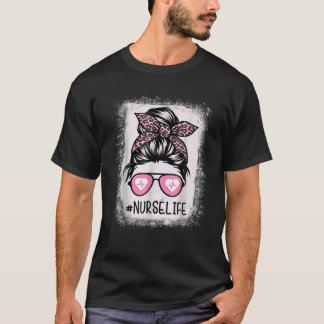 Nurse Life gebleicht Pink Leopard Messy Bun Nurse T-Shirt
