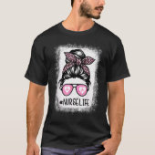 Nurse Life gebleicht Pink Leopard Messy Bun Nurse T-Shirt (Vorderseite)