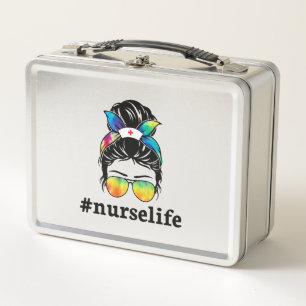 Nurse Life Messy Bun Girl with Glass Sublimation Metall Brotdose