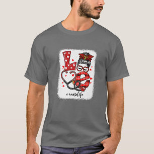 Nurse LOVE Stethoscope Plaid Leopard Messy Bun Nur T-Shirt